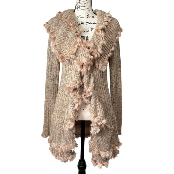 Anthropologie Lapis Cardigan Faux Fur Trim Ruffle Sweater Tan Art Women Size XL - Picture 1 of 8